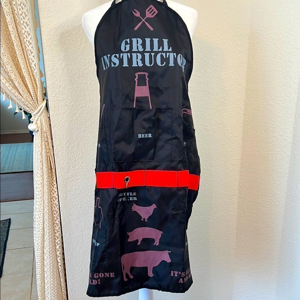 Novelty Black "Grill Instructor" Apron with Red Accents
